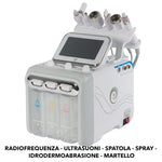Apparecchiatura 6 funzioni: radiofrequenza bipolare, ultrasuoni, spatola esfoliante mediante ultrasuoni, spray, idrodermabrasione e martello freddo.